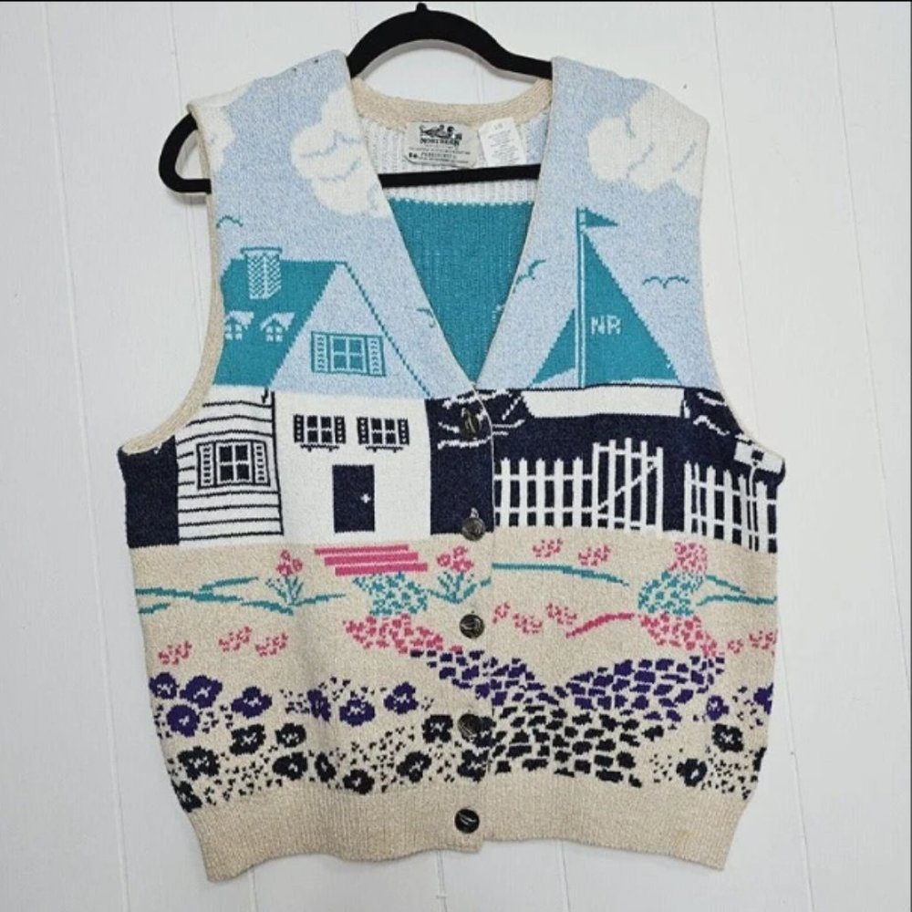 Womens Size L Nautical Costal Grandma Cotton Sweater Vest